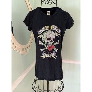 Ed Hardy Y2K 2000s Rhinestone Skull Bling Black women’s T-Shirt Love Dies Hard S